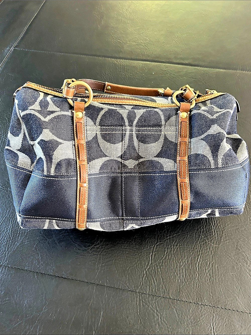 Coach Signature Denim Stripe Zip Satchel Blue & White